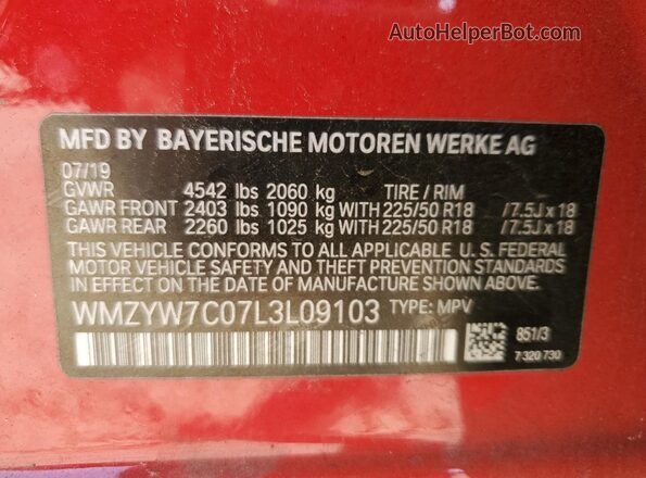 WMZYW7C07L3L09103 2020 MINI COOPER Red VIN կոդի պիտակի տեսք