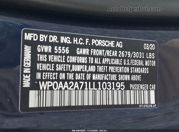 WP0AA2A71LL103195 2020 PORSCHE PANAMERA Blue Вид підкапотного простору
