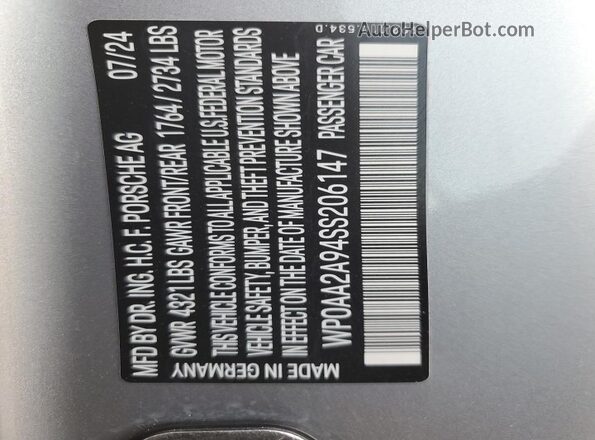WP0AA2A94SS206147 2025 PORSCHE 911 Серебряный Вид наклейки с VIN-кодом