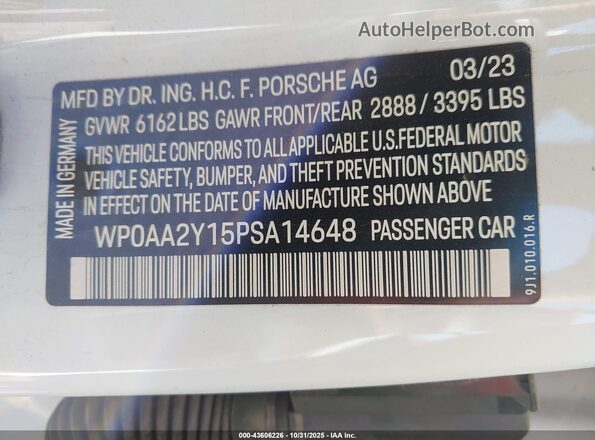 WP0AA2Y15PSA14648 2023 PORSCHE TAYCAN White Շարժիչի բաժամունքի տեսք