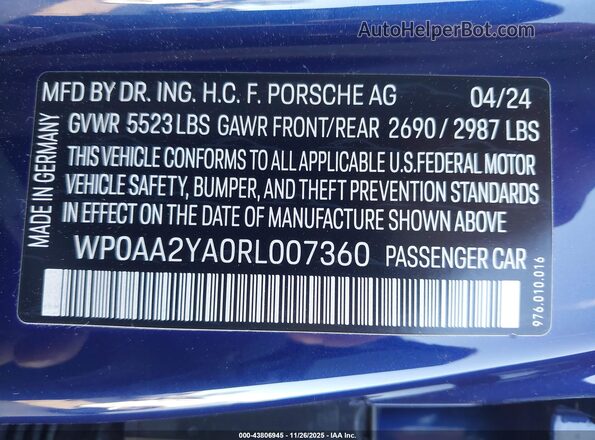 WP0AA2YA0RL007360 2024 PORSCHE PANAMERA Dark Blue 