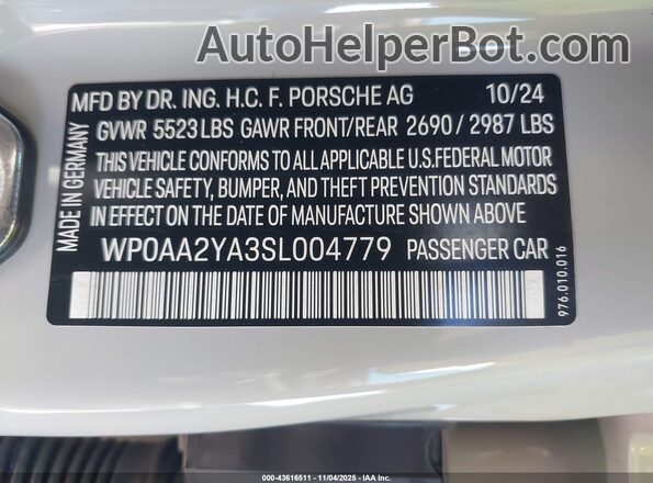 WP0AA2YA3SL004779 2025 PORSCHE PANAMERA Gray Շարժիչի բաժամունքի տեսք
