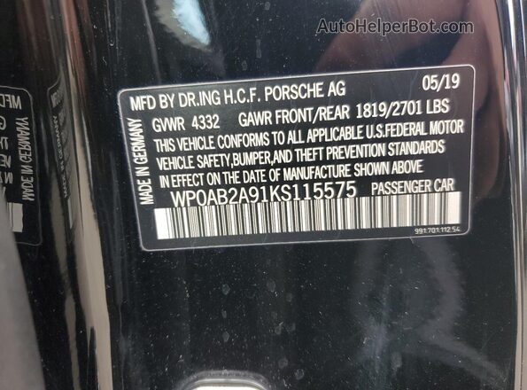 WP0AB2A91KS115575 2019 PORSCHE 911 Black Vista del compartimento del motor