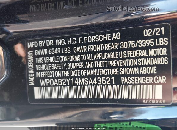 WP0AB2Y14MSA43521 2021 PORSCHE TAYCAN Black Вид підкапотного простору