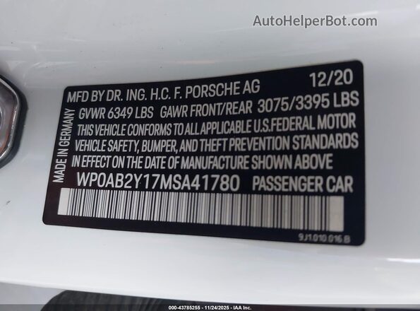 WP0AB2Y17MSA41780 2021 PORSCHE TAYCAN White Շարժիչի բաժամունքի տեսք