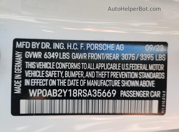 WP0AB2Y18RSA35669 2024 PORSCHE TAYCAN White VIN კოდის სტიკერის ხედი