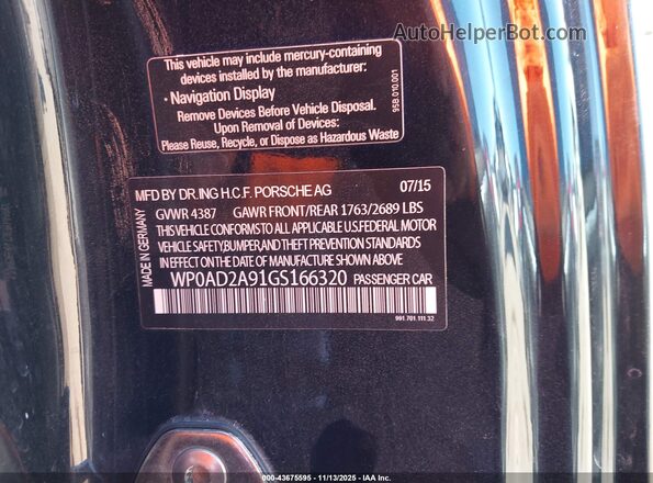 WP0AD2A91GS166320 2016 PORSCHE 911 Black Շարժիչի բաժամունքի տեսք