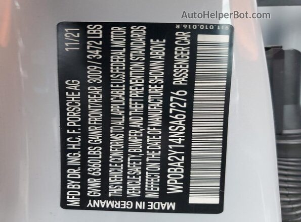 WP0BA2Y14NSA67276 2022 PORSCHE TAYCAN Gray Սալոնի 360 աստիճան տեսք