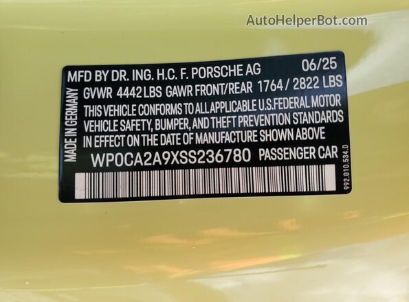 WP0CA2A9XSS236780 2025 PORSCHE 911 Green Widok naklejki z numerem VIN