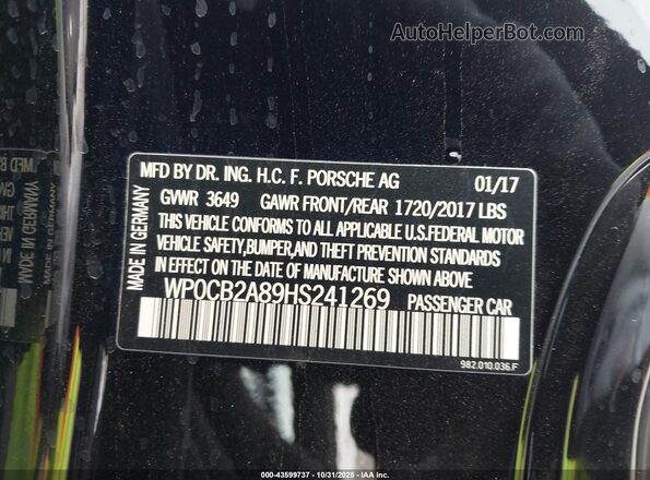 WP0CB2A89HS241269 2017 PORSCHE BOXSTER Black Widok komory silnika