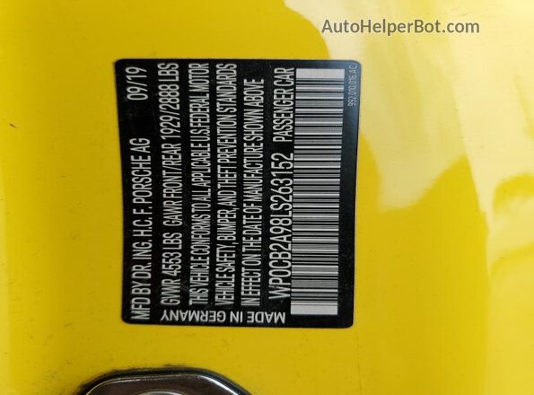 WP0CB2A98LS263152 2020 PORSCHE 911 Yellow Вид наклейки з VIN-кодом