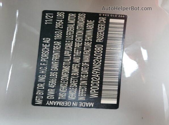 WP0CD2A9XNS260380 2022 PORSCHE 911 Серебряный Вид наклейки с VIN-кодом