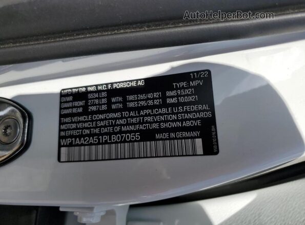 WP1AA2A51PLB07055 2023 PORSCHE MACAN White Vista de la etiqueta del VIN