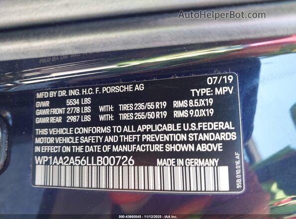 WP1AA2A56LLB00726 2020 PORSCHE MACAN Синий 