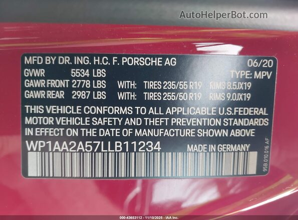 WP1AA2A57LLB11234 2020 PORSCHE MACAN Red 