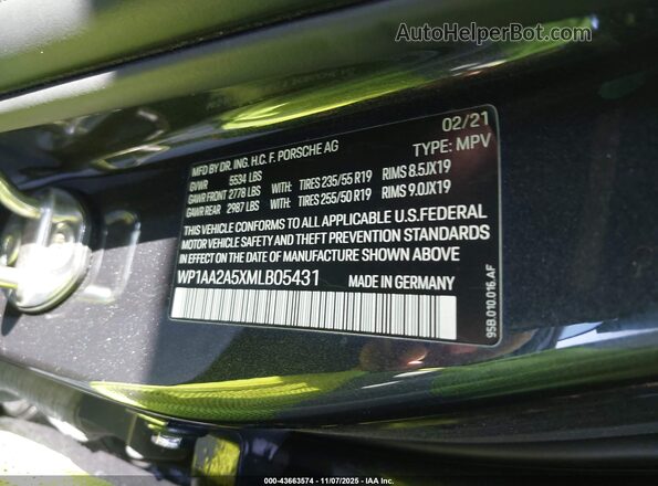 WP1AA2A5XMLB05431 2021 PORSCHE MACAN Black Vista del compartimento del motor