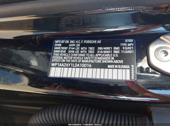 WP1AA2AY1LDA10016 2020 PORSCHE CAYENNE Черный Вид подкапотного пространства