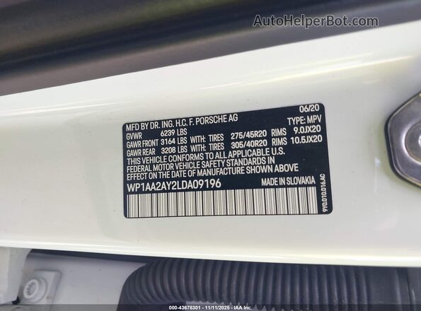 WP1AA2AY2LDA09196 2020 PORSCHE CAYENNE White Вид підкапотного простору