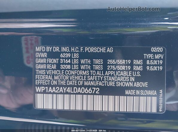 WP1AA2AY4LDA06672 2020 PORSCHE CAYENNE Blue Widok komory silnika