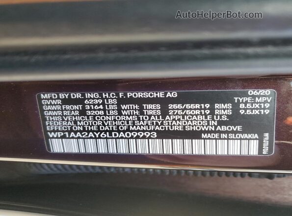 WP1AA2AY6LDA09993 2020 PORSCHE CAYENNE Brown VIN կոդի պիտակի տեսք