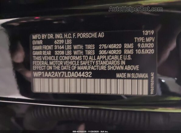WP1AA2AY7LDA04432 2020 PORSCHE CAYENNE Black 