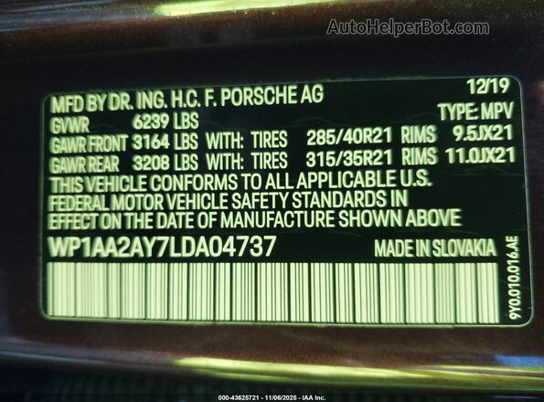 WP1AA2AY7LDA04737 2020 PORSCHE CAYENNE Purple Widok komory silnika