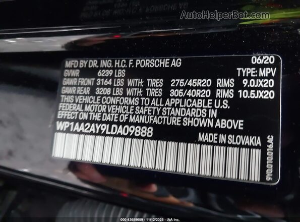WP1AA2AY9LDA09888 2020 PORSCHE CAYENNE Black Widok komory silnika