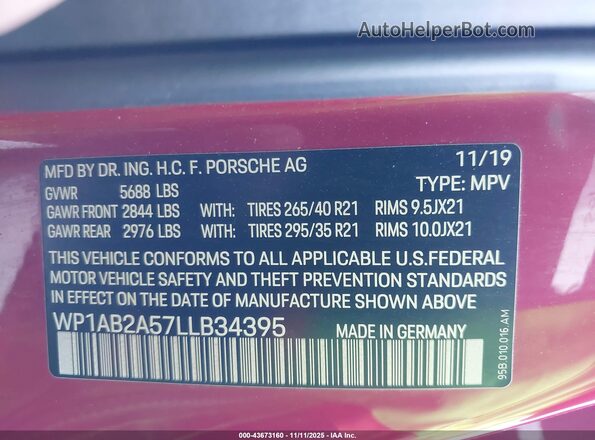 WP1AB2A57LLB34395 2020 PORSCHE MACAN Red 