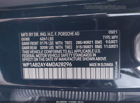 WP1AB2AY4MDA28296 2021 PORSCHE CAYENNE Black Widok komory silnika