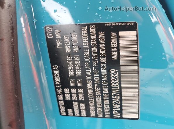 WP1AF2A57NLB32329 2022 PORSCHE MACAN Синий Вид наклейки с VIN-кодом