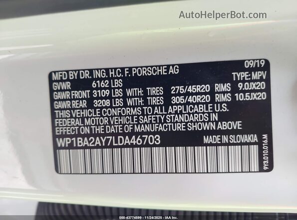WP1BA2AY7LDA46703 2020 PORSCHE CAYENNE White Շարժիչի բաժամունքի տեսք