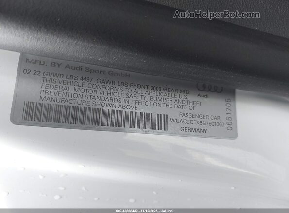 WUACECFX6N7901007 2022 AUDI R8 White Շարժիչի բաժամունքի տեսք