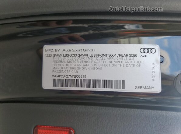 WUAPCBF27MN905275 2021 AUDI RS7 Black VIN sticker view