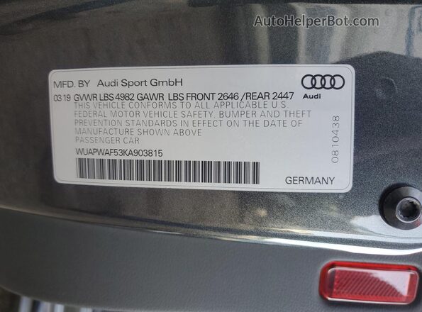 WUAPWAF53KA903815 2019 AUDI RS5 Gray VIN sticker view