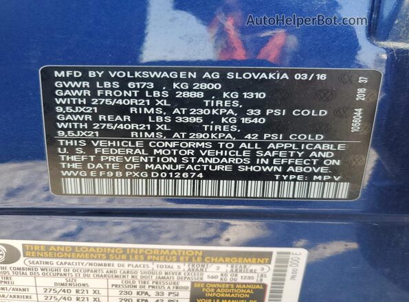 WVGEF9BPXGD012674 2016 VOLKSWAGEN TOUAREG Синий Вид наклейки с VIN-кодом