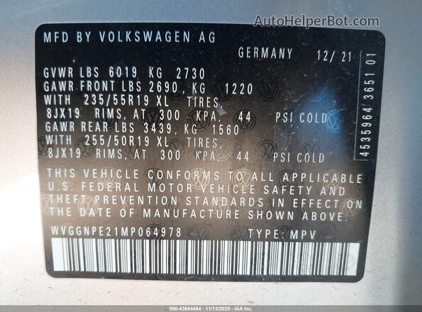 WVGGNPE21MP064978 2021 VOLKSWAGEN ID.4 Silver Vista del compartimento del motor