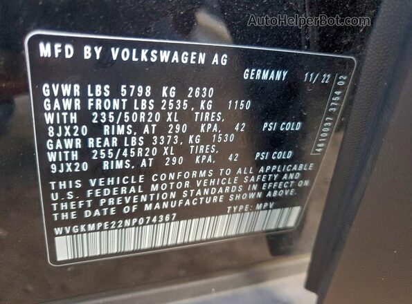 WVGKMPE22NP074367 2022 VOLKSWAGEN ID.4 Black VIN sticker view