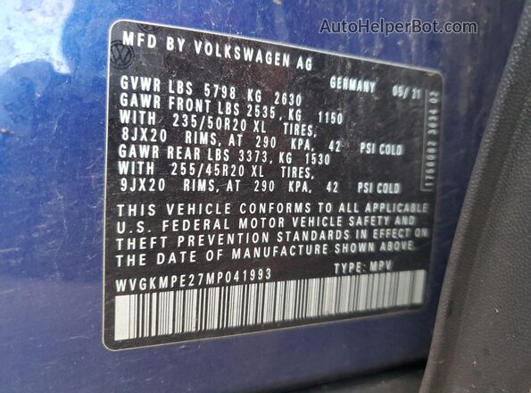 WVGKMPE27MP041993 2021 VOLKSWAGEN ID.4 Blue Widok naklejki z numerem VIN