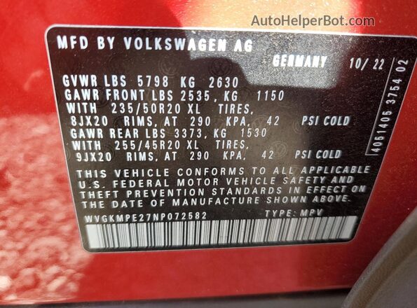 WVGKMPE27NP072582 2022 VOLKSWAGEN ID.4 Red VIN sticker view