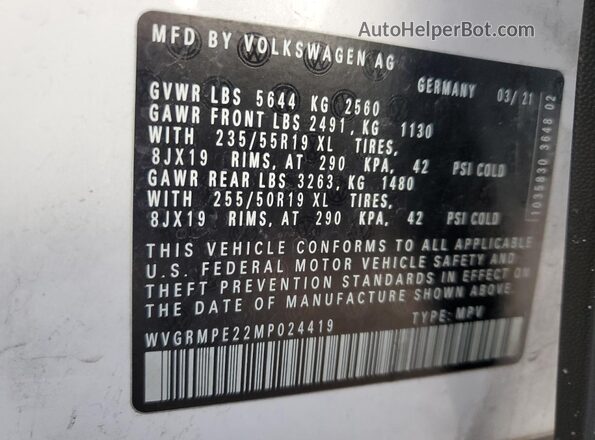 WVGRMPE22MP024419 2021 VOLKSWAGEN ID.4 White Вид наклейки з VIN-кодом