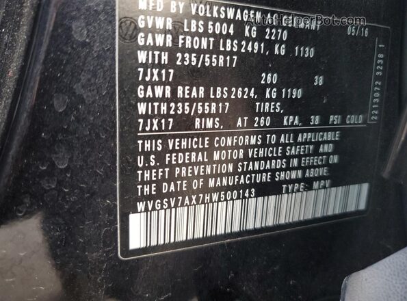 WVGSV7AX7HW500143 2017 VOLKSWAGEN TIGUAN Черный Вид наклейки с VIN-кодом