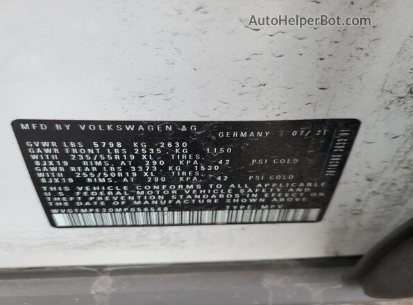 WVGTMPE20MP056548 2021 VOLKSWAGEN ID.4 White Vista de la etiqueta del VIN