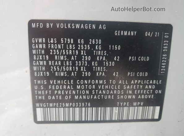WVGTMPE25MP033976 2021 VOLKSWAGEN ID.4 White Vista de la etiqueta del VIN