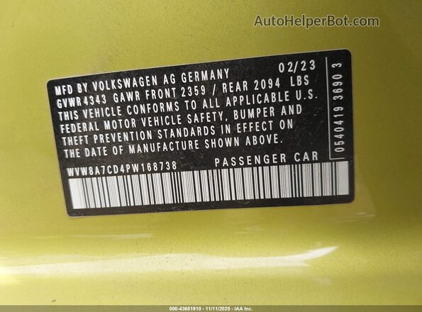 WVW8A7CD4PW168738 2023 VOLKSWAGEN GOLF Yellow ძრავის განყოფილების ხედი