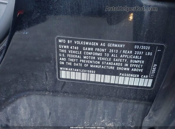 WVWAR7AN1LE015692 2020 VOLKSWAGEN ARTEON Black Вид підкапотного простору