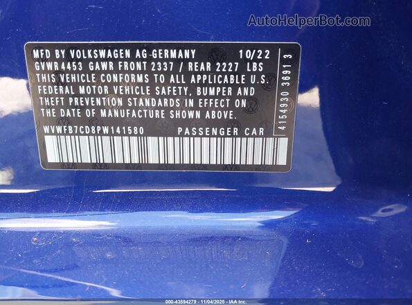 WVWFB7CD8PW141580 2023 VOLKSWAGEN GOLF Blue ძრავის განყოფილების ხედი