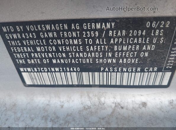 WVWL87CD1NW219440 2022 VOLKSWAGEN GOLF Серебряный 