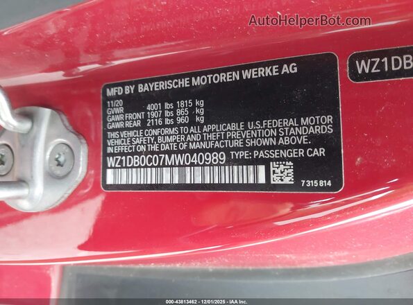 WZ1DB0C07MW040989 2021 TOYOTA GR SUPRA Red Вид підкапотного простору