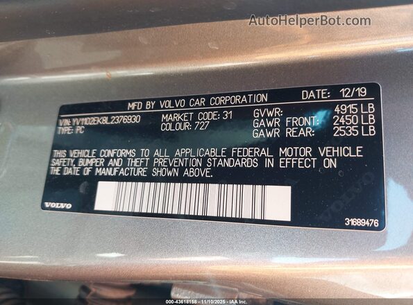 YV1102EK8L2376930 2020 VOLVO V60 Gold Շարժիչի բաժամունքի տեսք