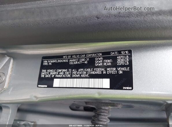 YV140MTL2H2431612 2017 VOLVO S60 Silver 